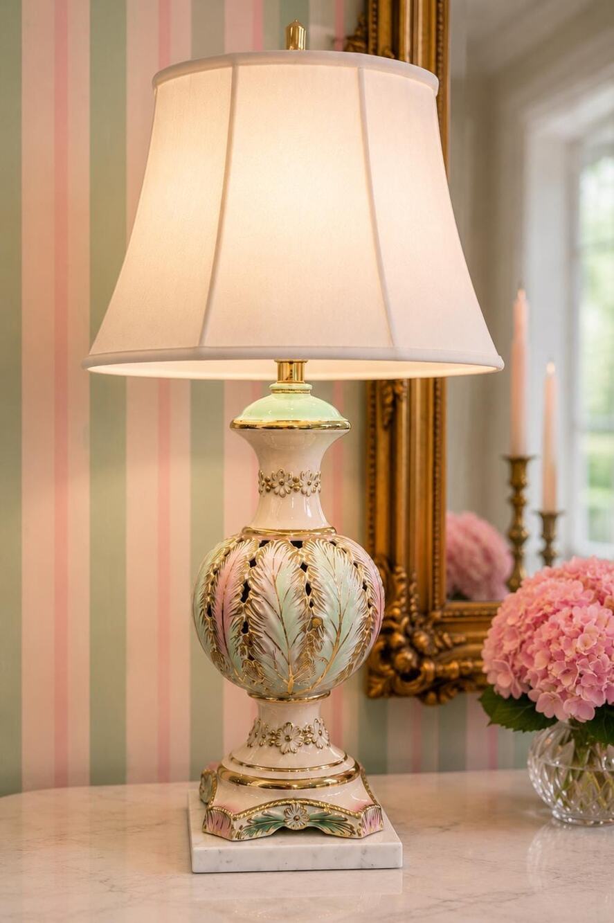 Vintage Pink Green Porcelain Boudoir Table Lamp Marble Base Gold Gilt 31"